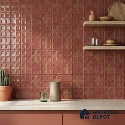 Mediterranean Kitchen with Glossy Terracotta Red Geometric Relief Backsplash Tile