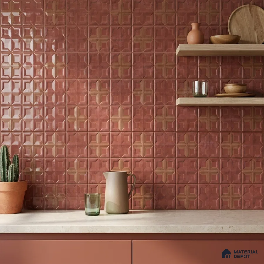 Mediterranean Kitchen with Glossy Terracotta Red Geometric Relief Backsplash Tile