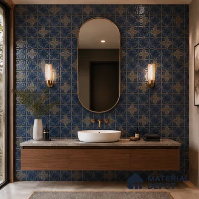 Art Deco Bathroom with Navy Blue and Gold Geometric Patterned Wall Tile and Walnut Vanity