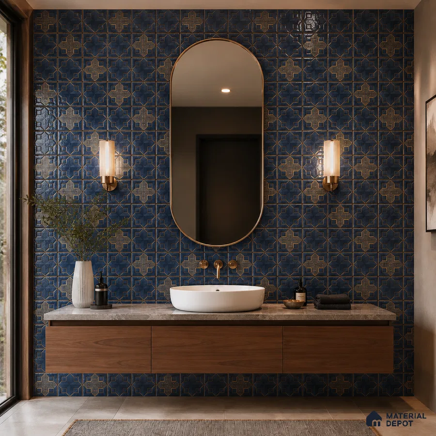 Art Deco Bathroom with Navy Blue and Gold Geometric Patterned Wall Tile and Walnut Vanity
