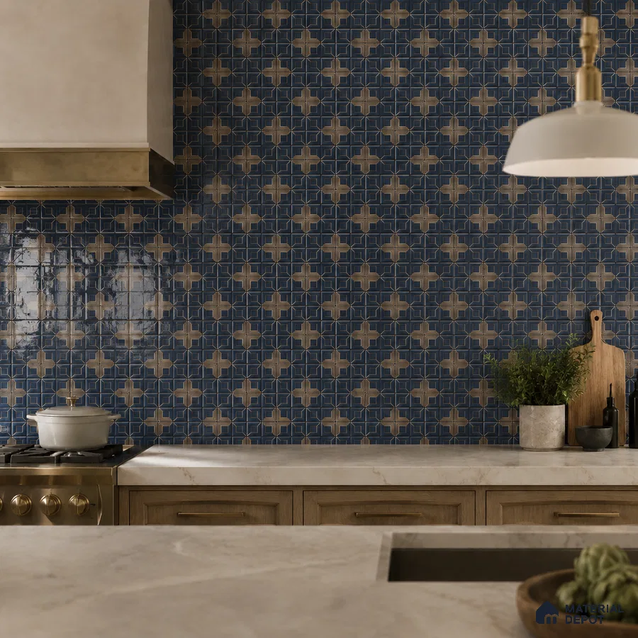 Modern Kitchen with Navy Blue and Gold Star-Pattern Ceramic Tile and Walnut Cabinets