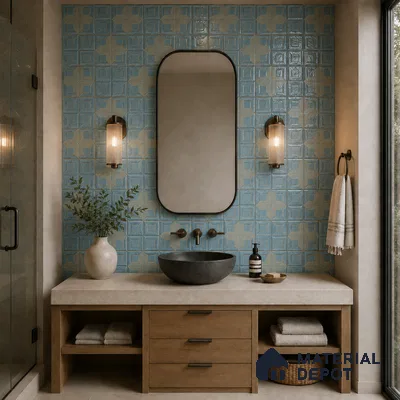 Modern Bathroom with Blue Geometric Pattern Tile and Wood Vanity
