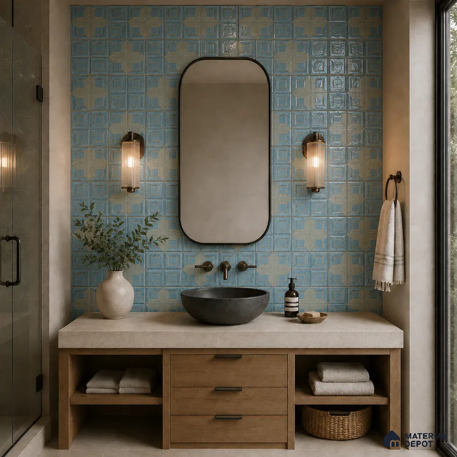 Modern Bathroom with Blue Geometric Pattern Tile and Wood Vanity