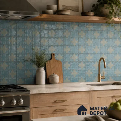 Modern Kitchen with Blue Geometric Pattern Tile Backsplash and Oak Cabinets