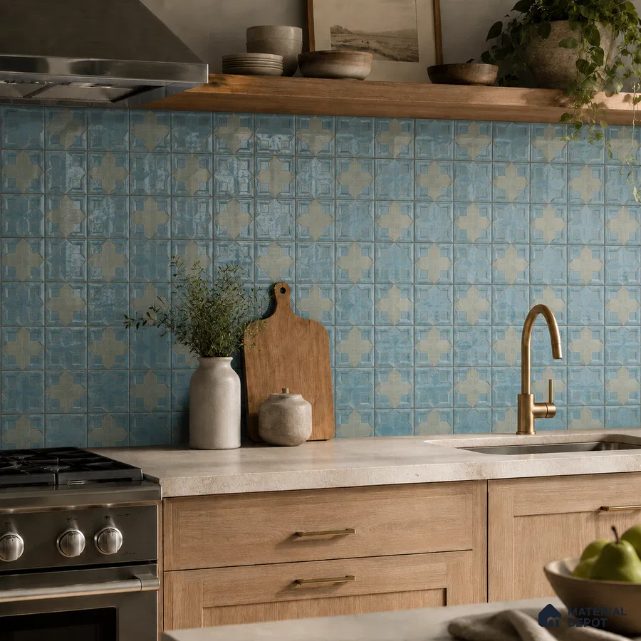 Modern Kitchen with Blue Geometric Pattern Tile Backsplash and Oak Cabinets