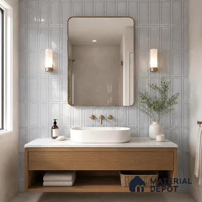 Modern Bathroom with Glossy Light Grey Framed Panel Wall Tile