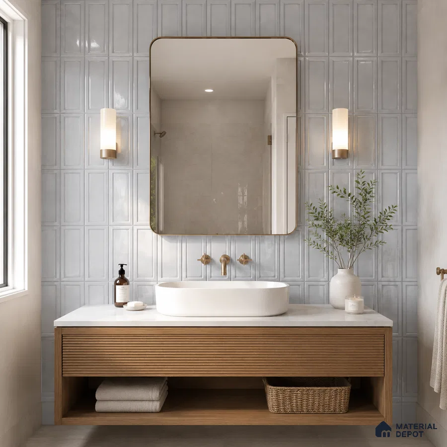 Modern Bathroom with Glossy Light Grey Framed Panel Wall Tile