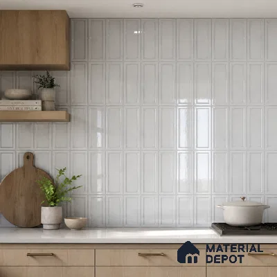 Modern Kitchen with Glossy White Framed Panel Tile Backsplash