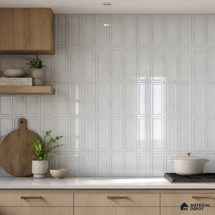 Modern Kitchen with Glossy White Framed Panel Tile Backsplash