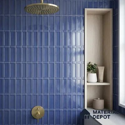 Modern Bathroom with Glossy Cobalt Blue Framed Panel Shower Wall Tile
