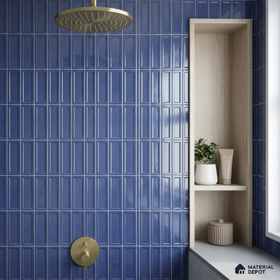 Modern Bathroom with Glossy Cobalt Blue Framed Panel Shower Wall Tile