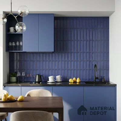 Modern Kitchen with Glossy Navy Blue Framed Panel Tile Backsplash