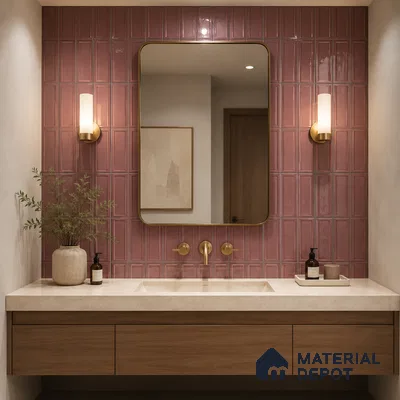 Modern Bathroom with Glossy Dusty Rose Framed Panel Wall Tile