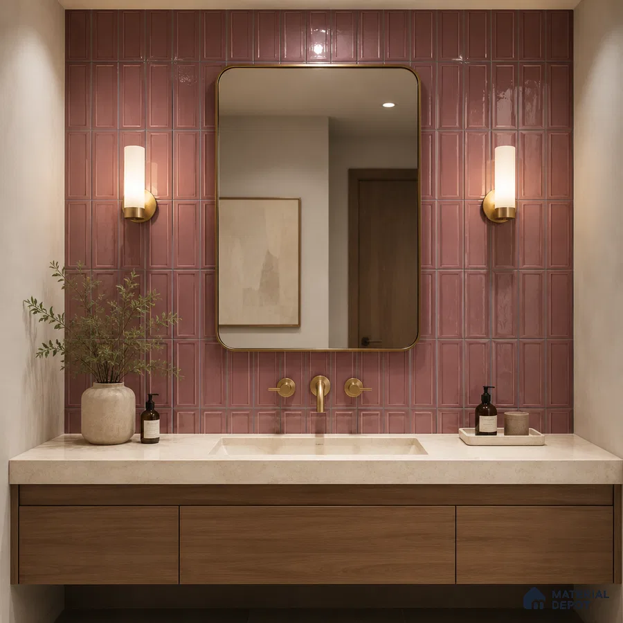 Modern Bathroom with Glossy Dusty Rose Framed Panel Wall Tile
