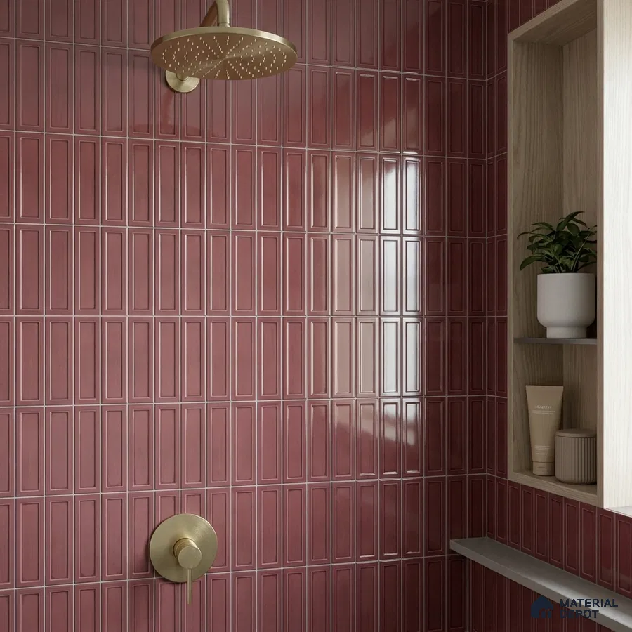 Modern Bathroom with Glossy Maroon Framed Panel Shower Wall Tile