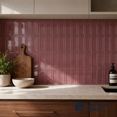 Modern Kitchen with Glossy Dusty Rose Framed Panel Tile Backsplash