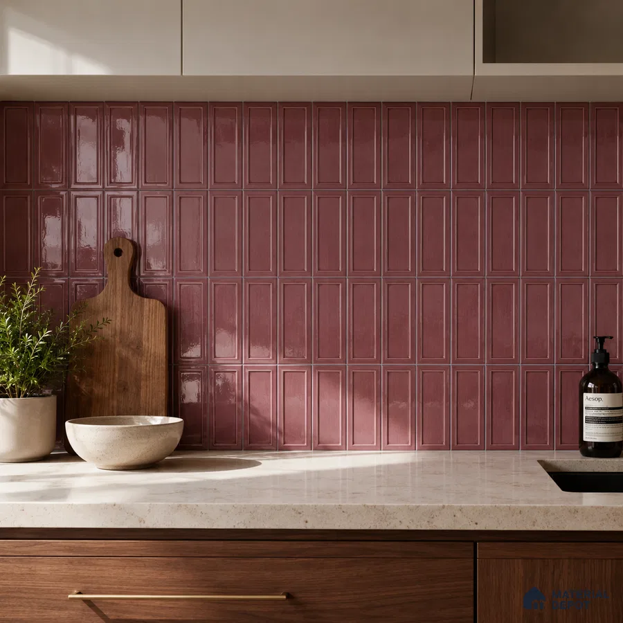 Modern Kitchen with Glossy Dusty Rose Framed Panel Tile Backsplash