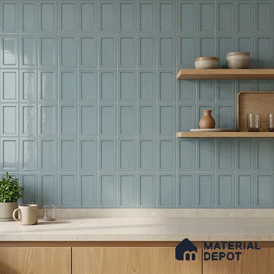Modern Kitchen with Dusty Blue Framed Panel Tile Backsplash