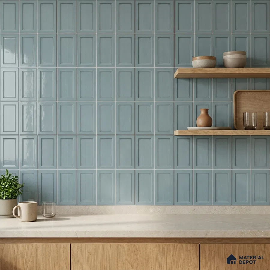 Modern Kitchen with Dusty Blue Framed Panel Tile Backsplash