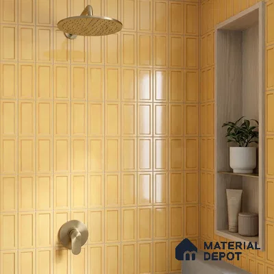 Modern Bathroom with Glossy Mustard Yellow Framed Panel Shower Wall Tile