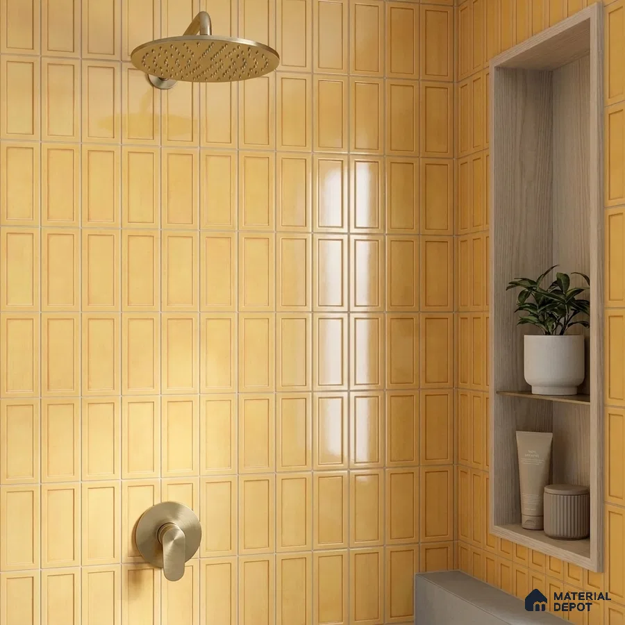 Modern Bathroom with Glossy Mustard Yellow Framed Panel Shower Wall Tile