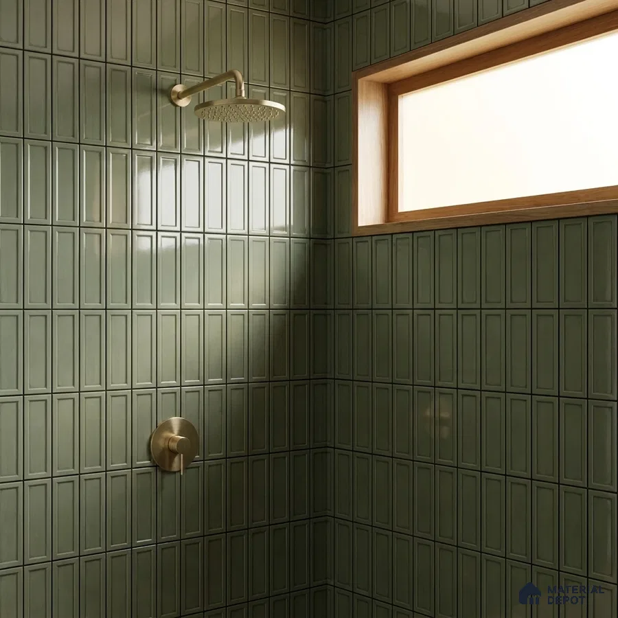 Modern Bathroom with Glossy Olive Green Framed Panel Shower Wall Tile