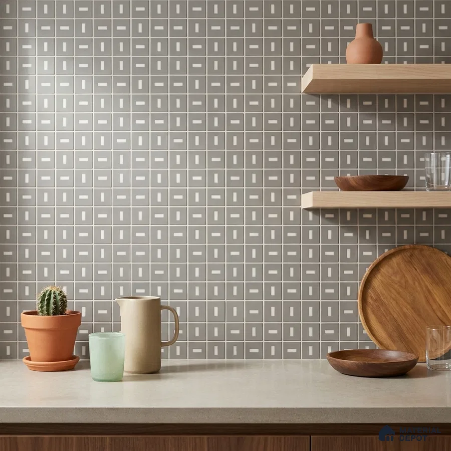 Modern Kitchen with Matte Grey Geometric Dash Mosaic Tile Backsplash
