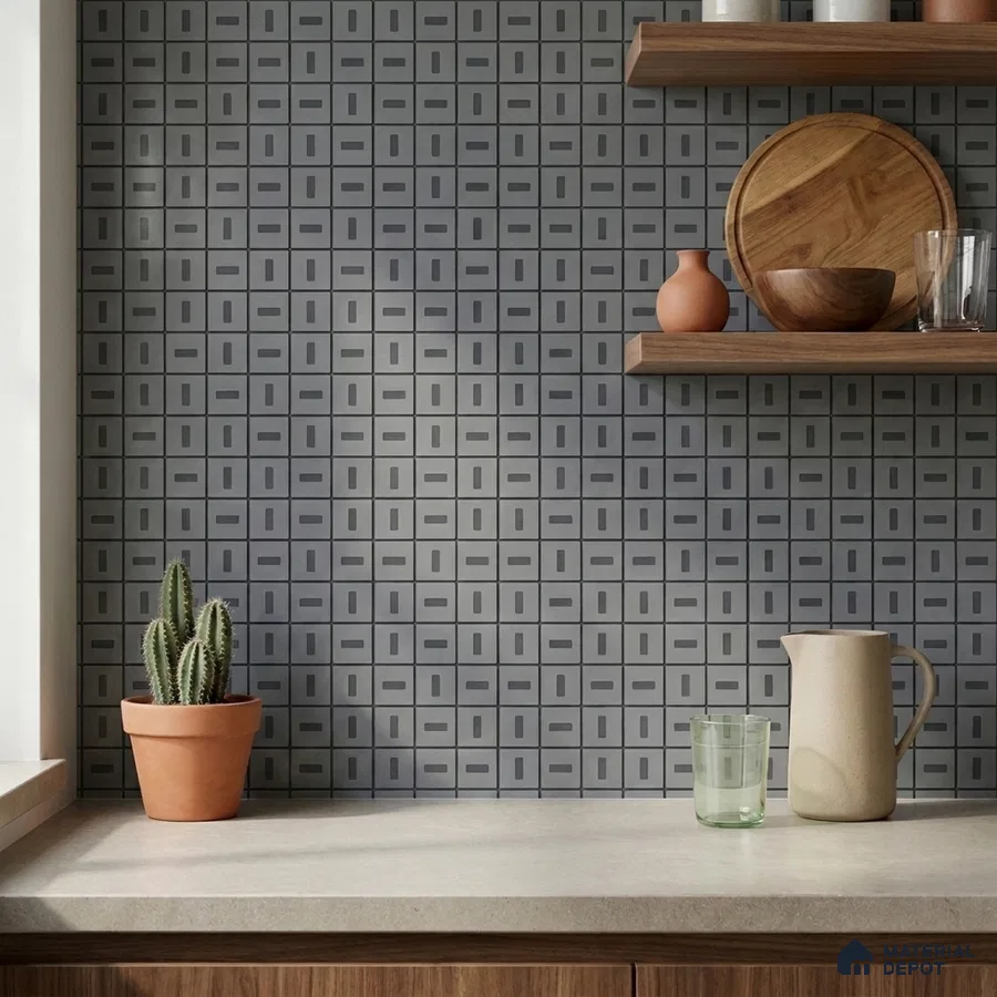 Modern Kitchen with Matte Slate Grey Geometric Mosaic Tile Backsplash