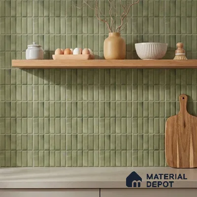 Scandinavian Kitchen with Sage Green Stacked Vertical Ceramic Backsplash Tile