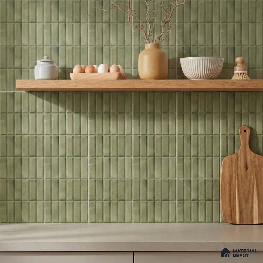 Scandinavian Kitchen with Sage Green Stacked Vertical Ceramic Backsplash Tile