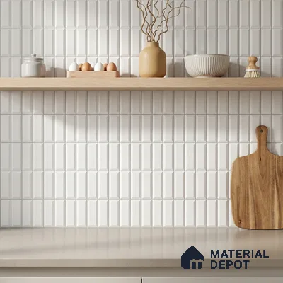 Scandinavian Kitchen with White Beveled Stacked Vertical Ceramic Backsplash Tile