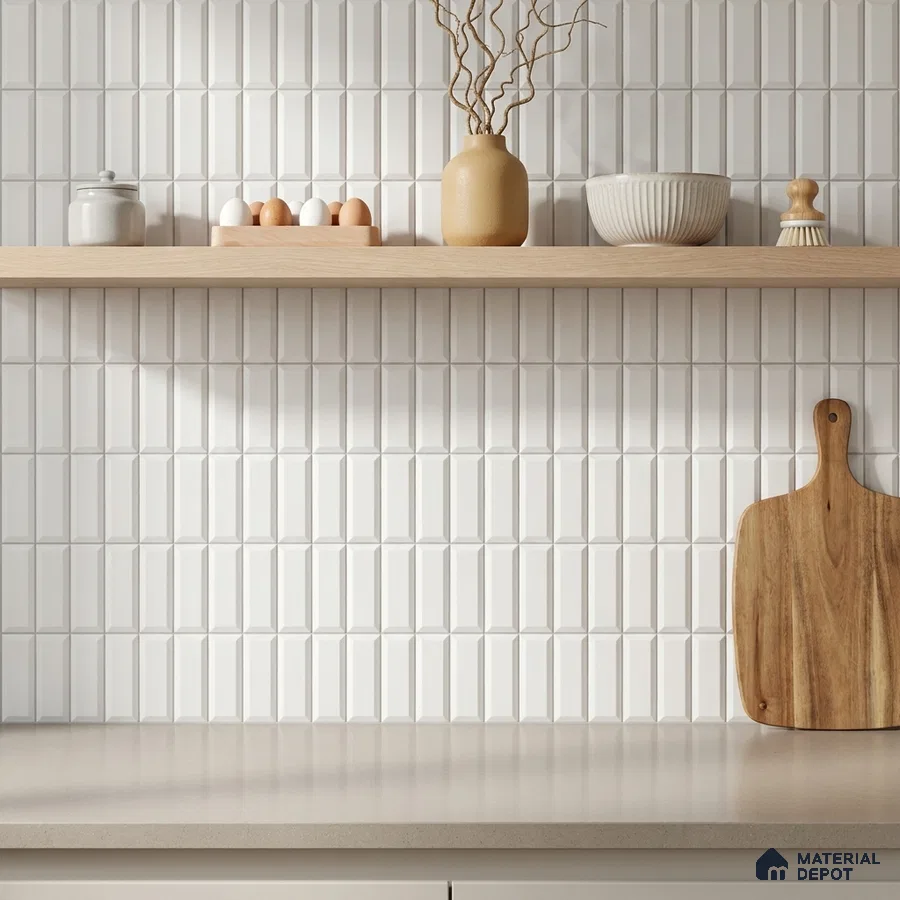 Scandinavian Kitchen with White Beveled Stacked Vertical Ceramic Backsplash Tile