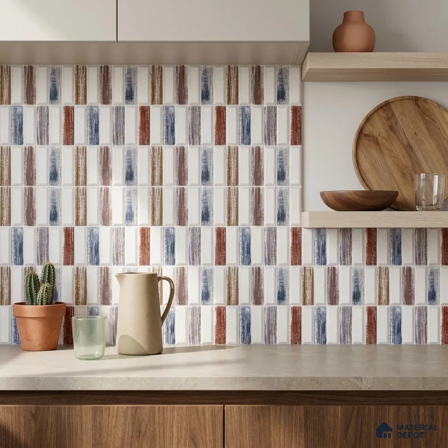 Eclectic Kitchen with Multicolor Brushstroke Stacked Vertical Ceramic Backsplash Tile
