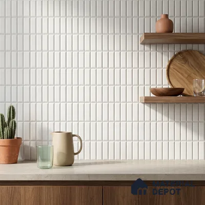 Scandinavian Kitchen with White Beveled Stacked Vertical Ceramic Backsplash Tile