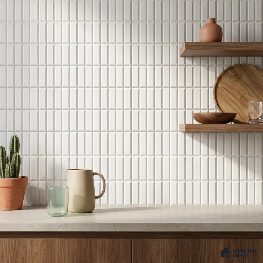 Scandinavian Kitchen with White Beveled Stacked Vertical Ceramic Backsplash Tile