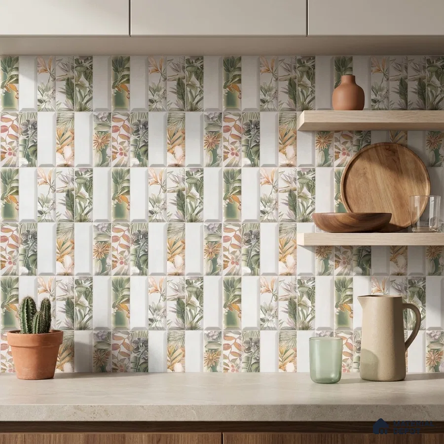 Bohemian Kitchen with Tropical Floral Patterned Ceramic Backsplash Tile