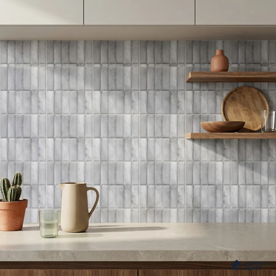 Industrial Kitchen with Charcoal Grey Cement-Look Stacked Backsplash Tile