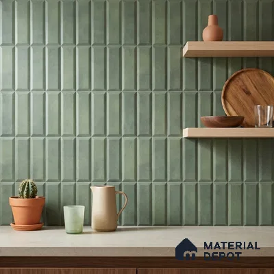 Mid-century Modern Kitchen with Forest Green Stacked Vertical Backsplash Tile