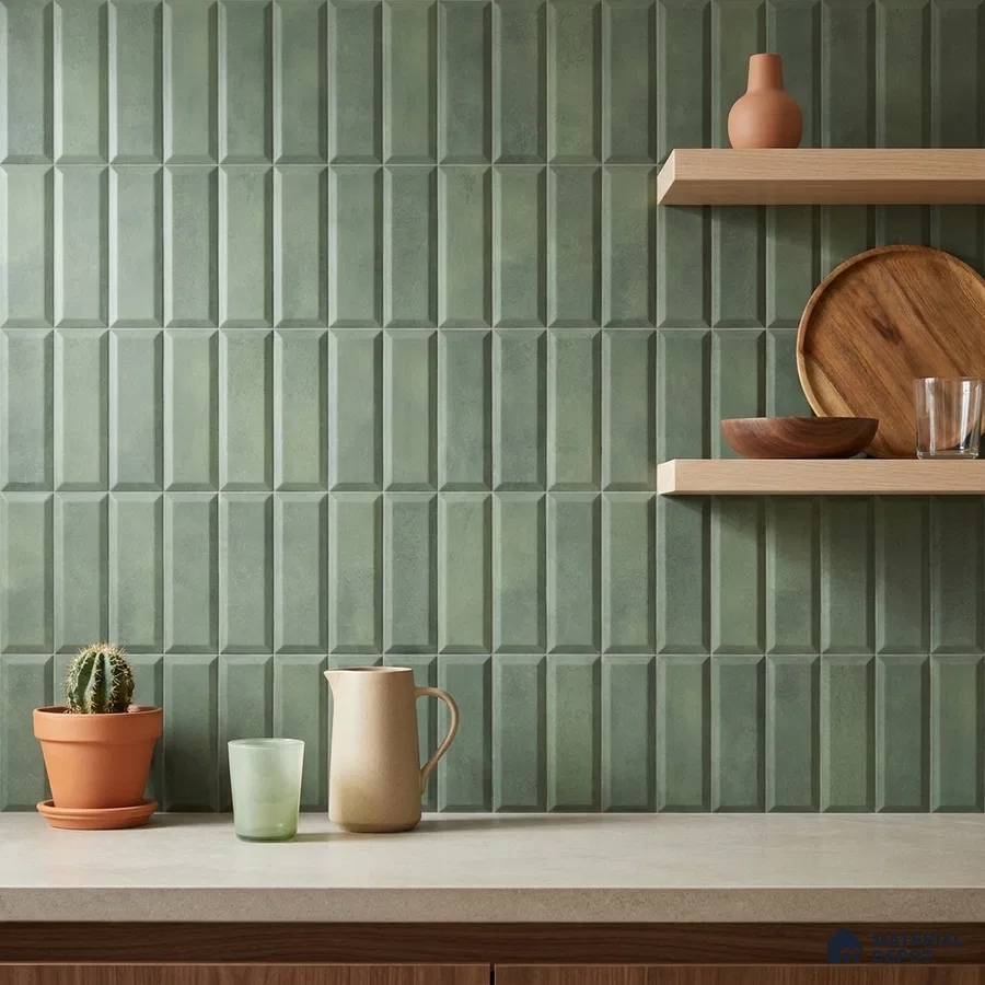 Mid-century Modern Kitchen with Forest Green Stacked Vertical Backsplash Tile