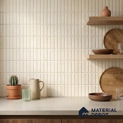 Scandinavian Kitchen with Cream Beige Stacked Vertical Backsplash Tile