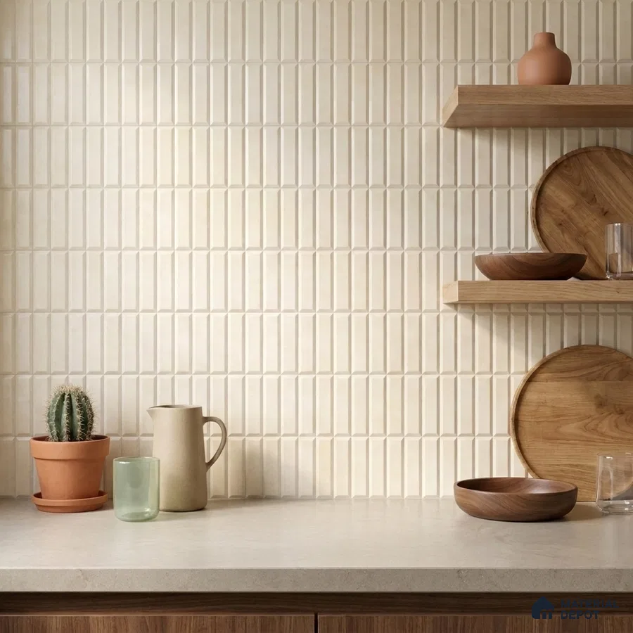 Scandinavian Kitchen with Cream Beige Stacked Vertical Backsplash Tile