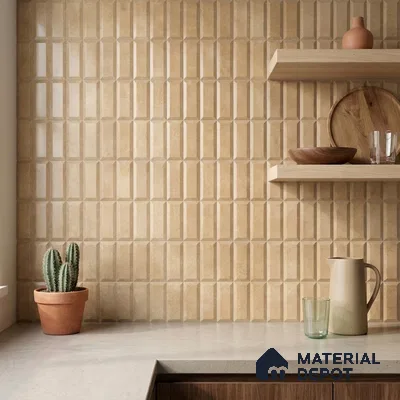Mediterranean Kitchen with Warm Tan Stacked Vertical Backsplash Tile