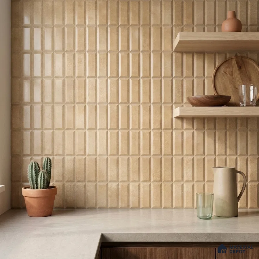 Mediterranean Kitchen with Warm Tan Stacked Vertical Backsplash Tile