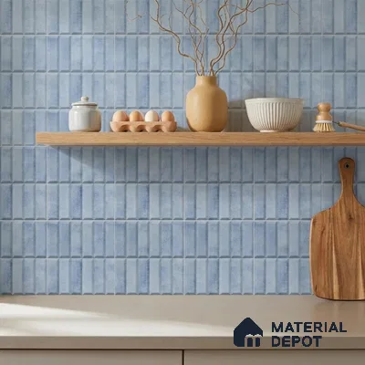 Mediterranean Kitchen with Denim Blue Stacked Vertical Backsplash Tile