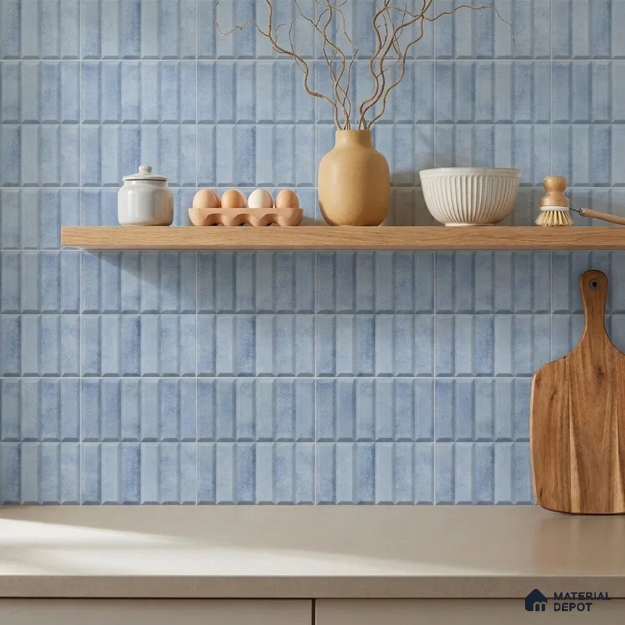 Mediterranean Kitchen with Denim Blue Stacked Vertical Backsplash Tile