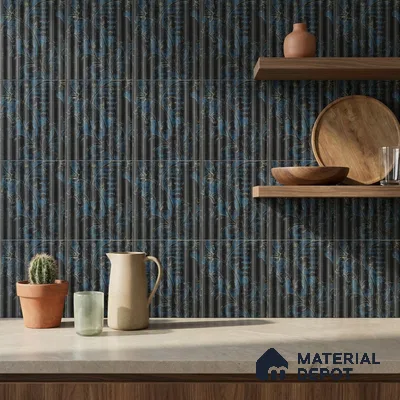 Eclectic Kitchen with Navy and Gold Floral Fluted Backsplash Tile and Walnut Shelves
