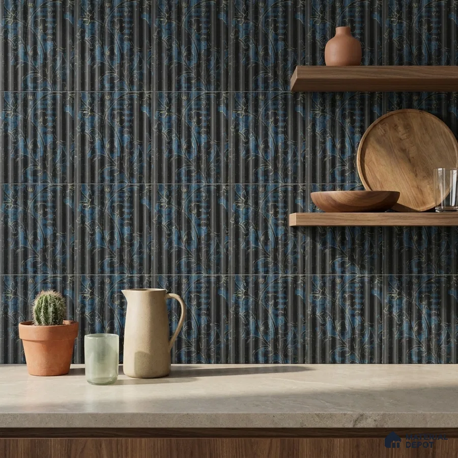 Eclectic Kitchen with Navy and Gold Floral Fluted Backsplash Tile and Walnut Shelves