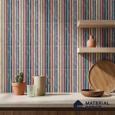 Eclectic Kitchen with Multi-Colour Striped Fluted Backsplash Tile and Wood Shelves