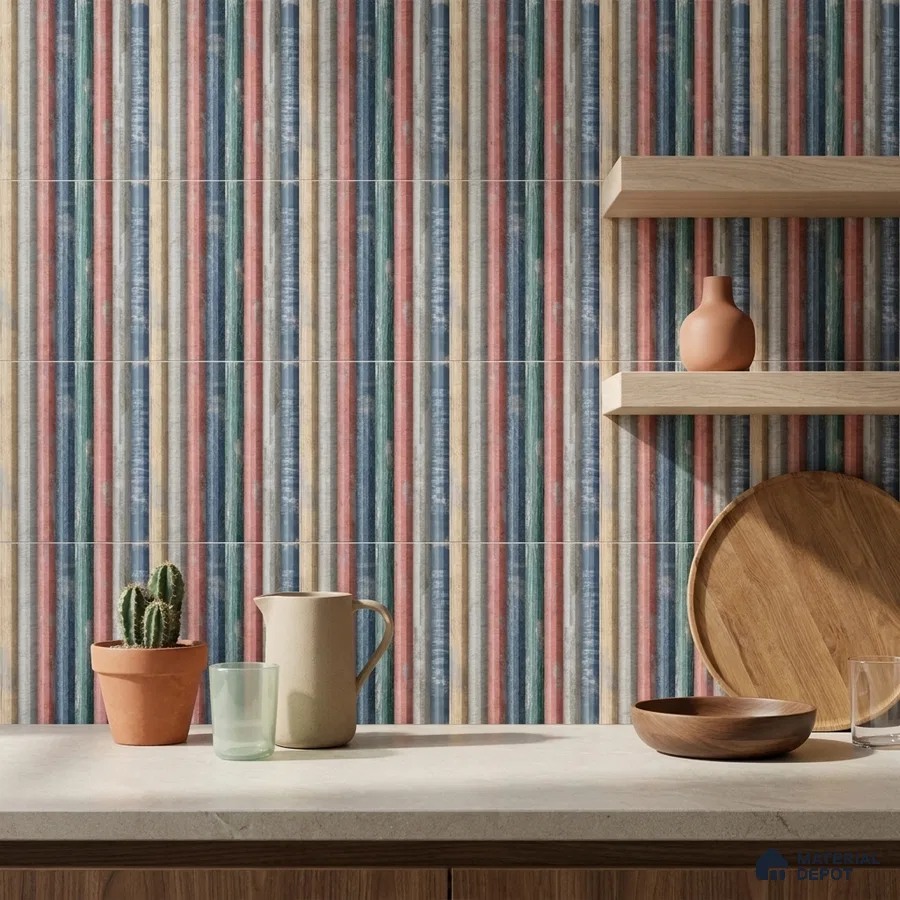 Eclectic Kitchen with Multi-Colour Striped Fluted Backsplash Tile and Wood Shelves