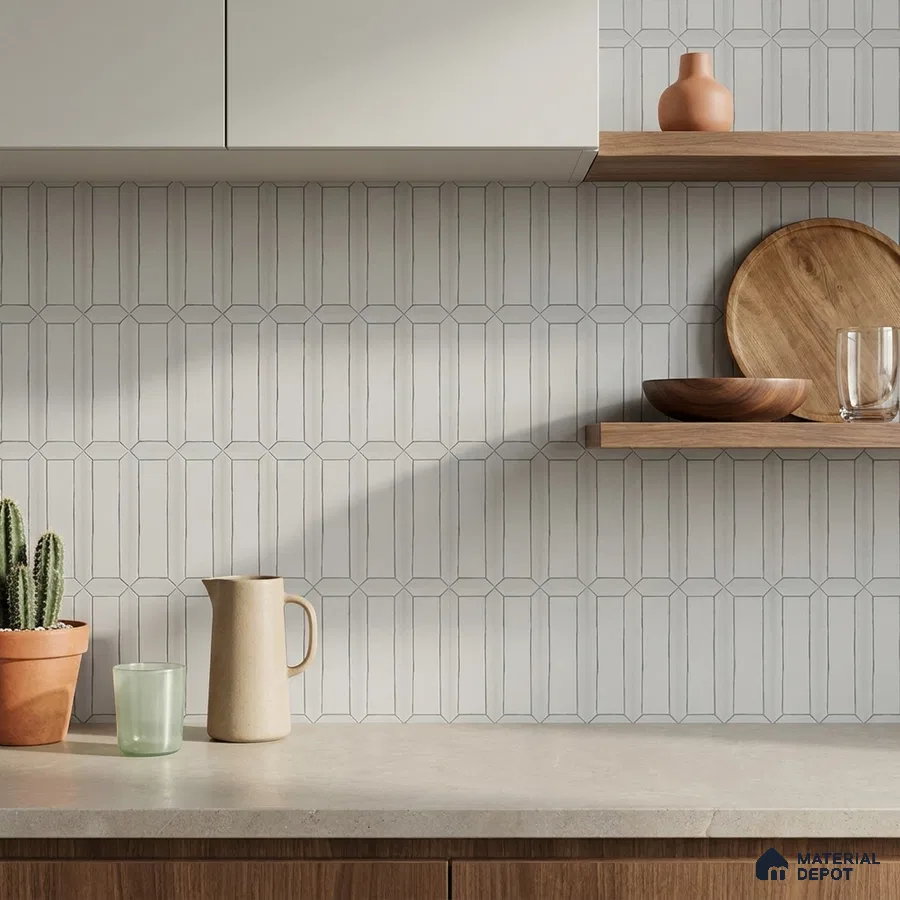 Modern Kitchen with Light Grey Picket Backsplash Tile and Wood Shelves
